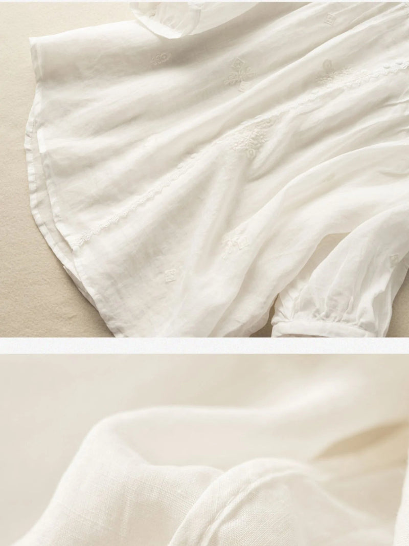 Embroidered V Neck 3/4 Sleeve Linen Shirt Top