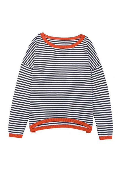 Boutique O Neck Striped Patchwork Knit Tops Long Sleeve