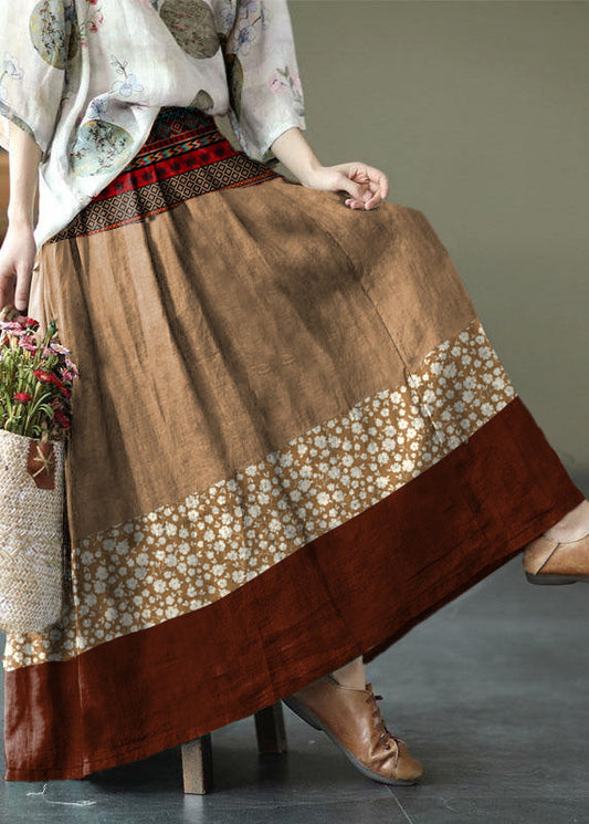Brown Flower Ramie Elastic Waist Skirt