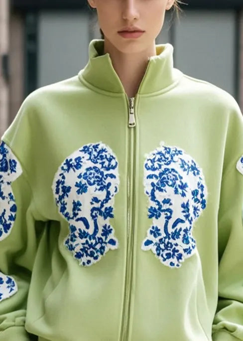 Diy Fruits Green Stand Collar Print Cotton Jacket Fall