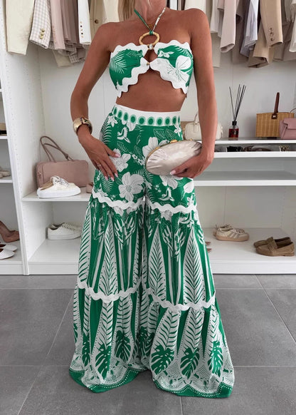 Green Patchwork Lingerie Top and Maxi a Line Skirts Two Pieces Set Sleeveless