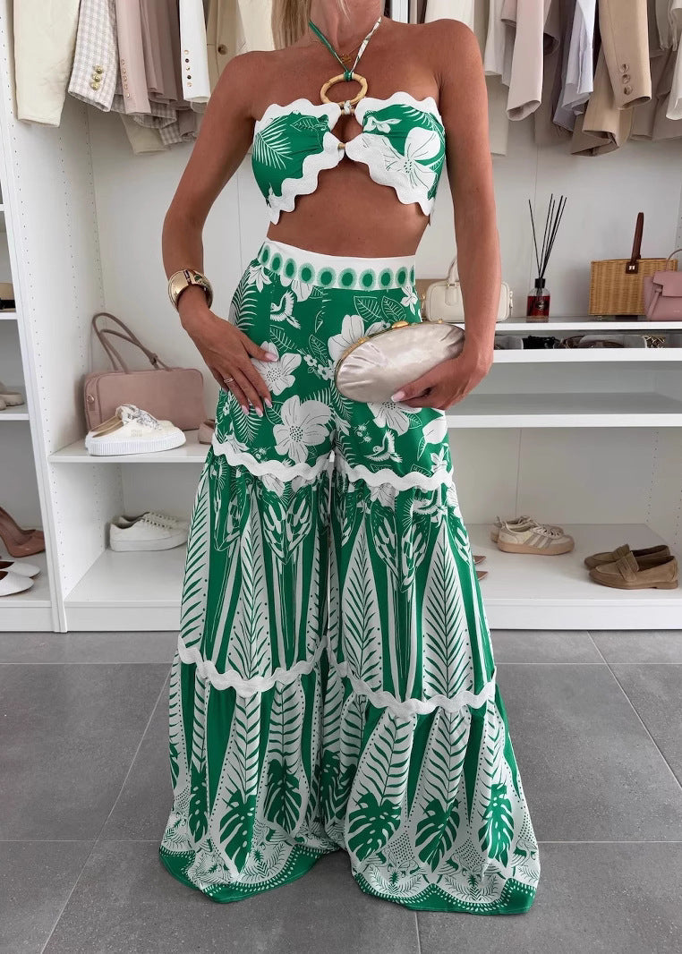 Green Patchwork Lingerie Top and Maxi a Line Skirts Two Pieces Set Sleeveless