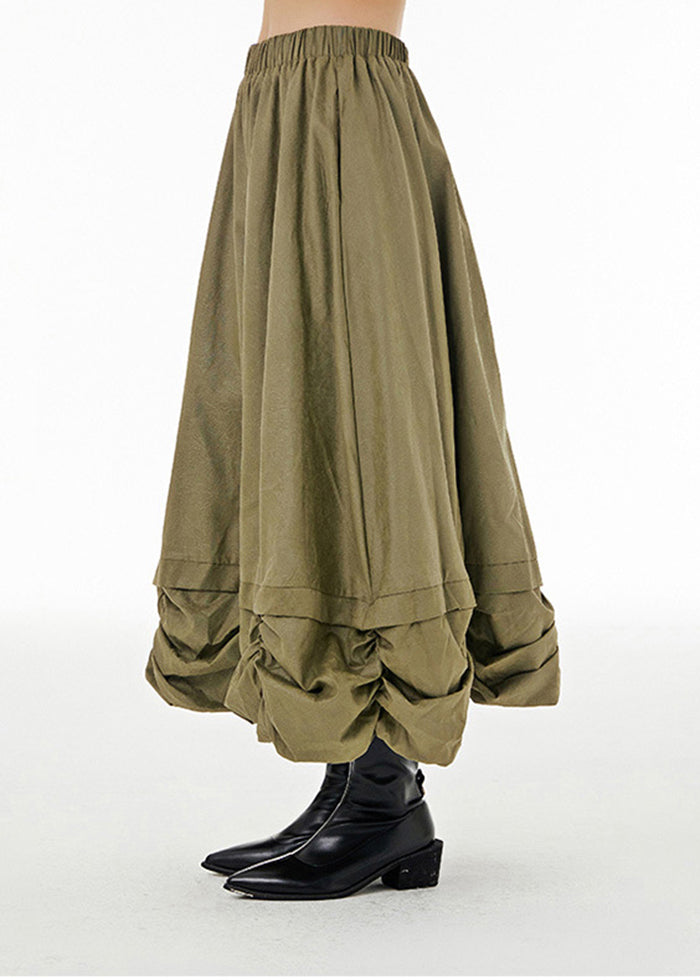French Army Green Elastic Waist Patchwork Wrinkled Cotton a Line Skirt Summer