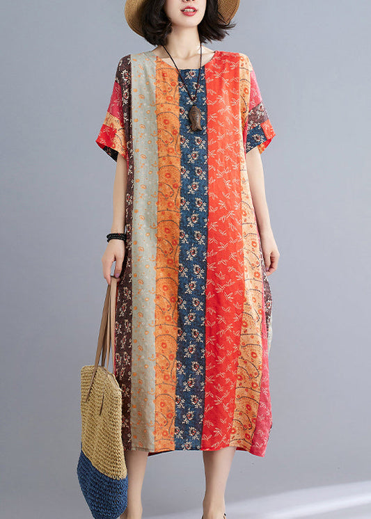 Loose Coffee Orange O-neck Print Beach Dresses Short Sleeve