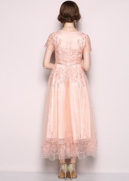 Style Pink Embroidered Tulle Long Dress Short Sleeve