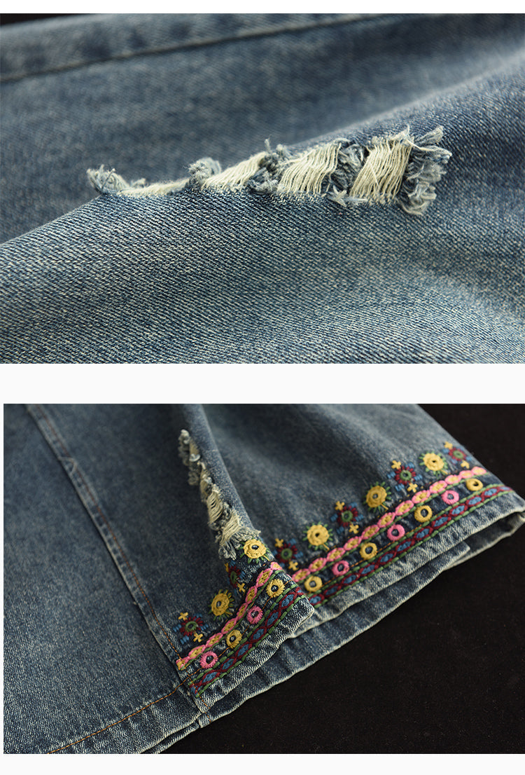 Embroidered Ripped Denim Slim A-line Skirt