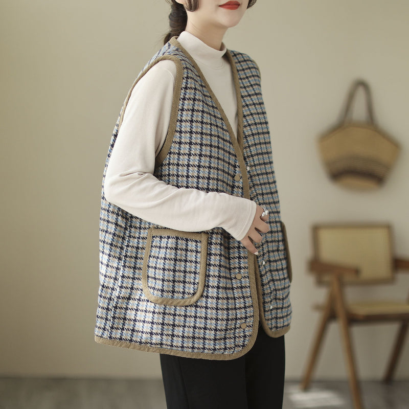 Literary Retro V-neck Plaid Vest