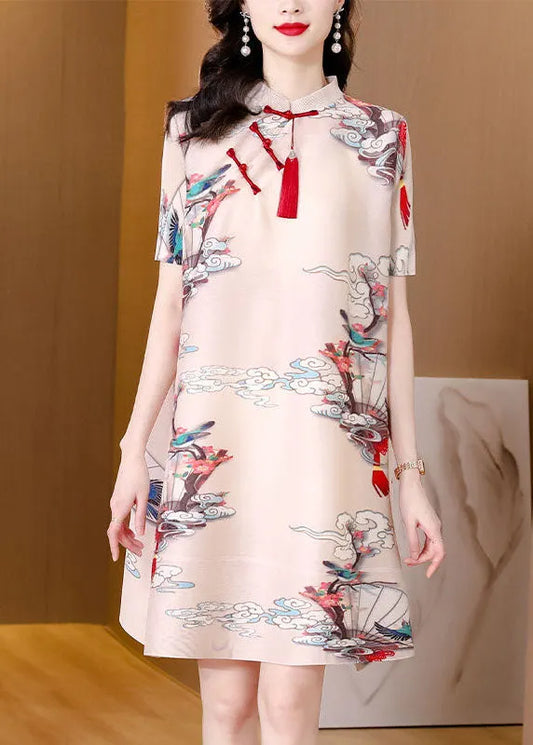 Original Design Apricot Mandarin Collar Print Oriental Button Wrinkled Silk a Line Dresses Short Sleeve