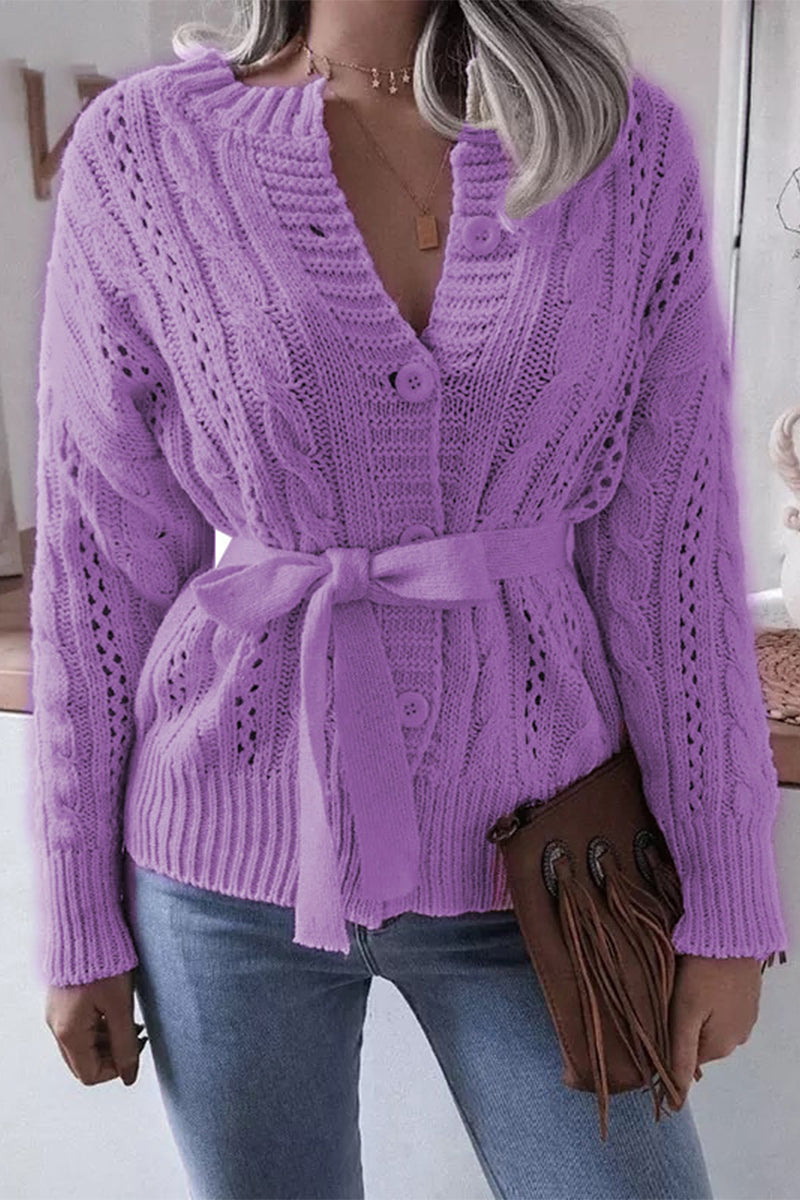 Hollowed Out Buckle With Belt Cardigan Collar Tops