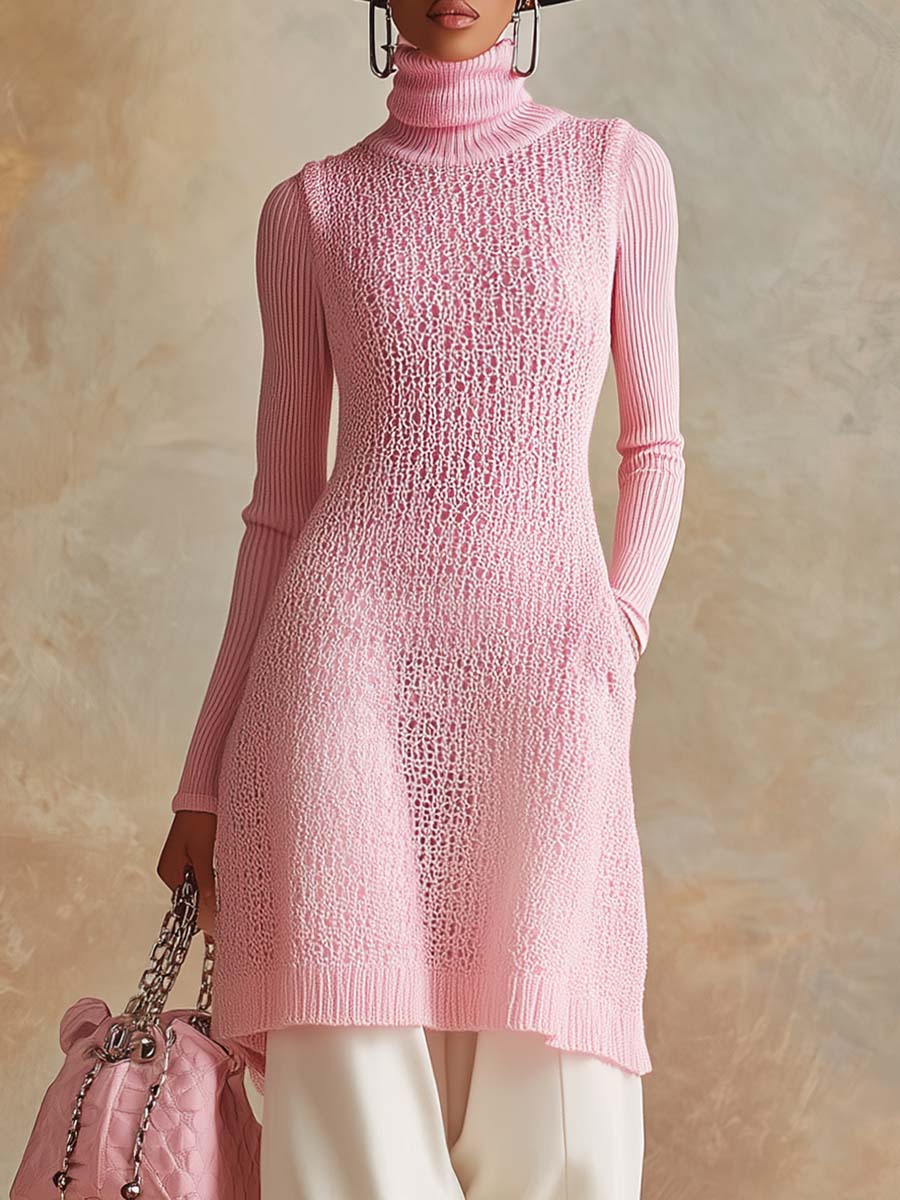 Elegant And Fashionable Pink Mesh Knitted Long Sleeve Long Sweater