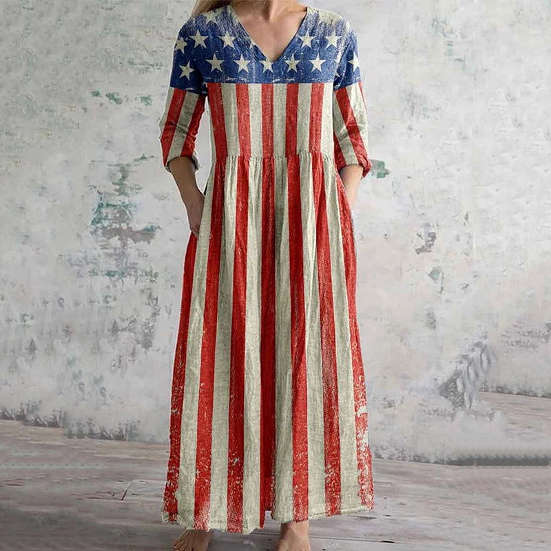 Vintage Independence Day Print Women's Linen Dress elevenforest
