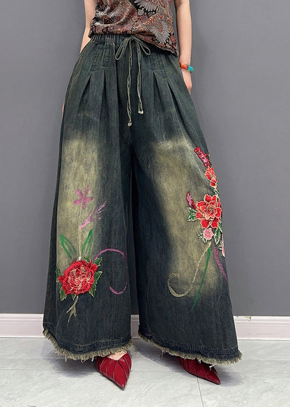 Navy Embroidered Tie Waist Elastic Waist Pockets Wide Leg Pants Summer