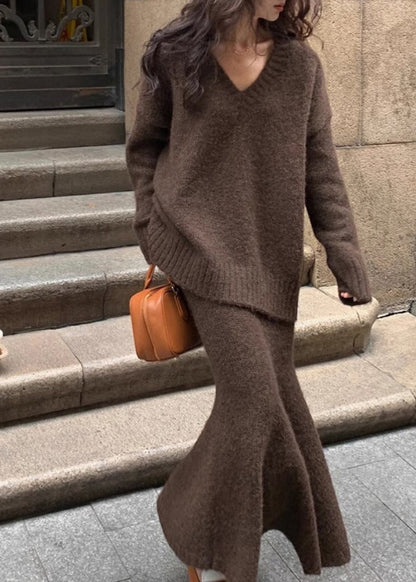 Brown Cozy Cotton Knit Sweaters and Maxi Skirts Two Pieces Set Spring