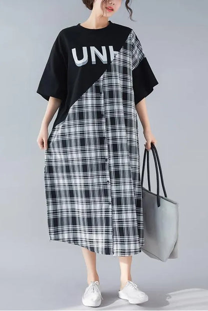 Diy Black Plaid Cotton Quilting Clothes Work O Neck Patchwork Long Summer Dresses