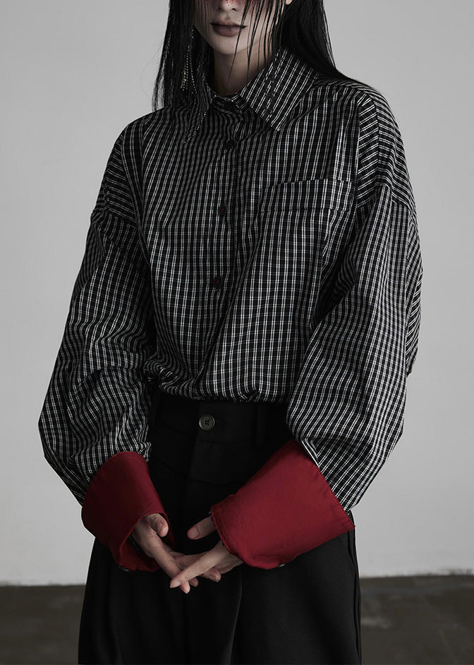 Black Peter Pan Collar Plaid Button Cotton Shirts Fall