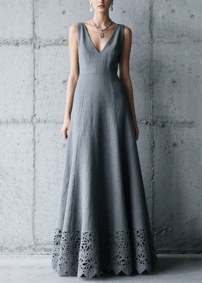Charcoal Grey V Neck Patchwork Cotton Long Dress Summer