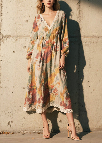 Print Patchwork Lace Cotton Long Dress Fall