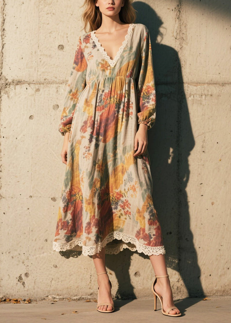 Print Patchwork Lace Cotton Long Dress Fall