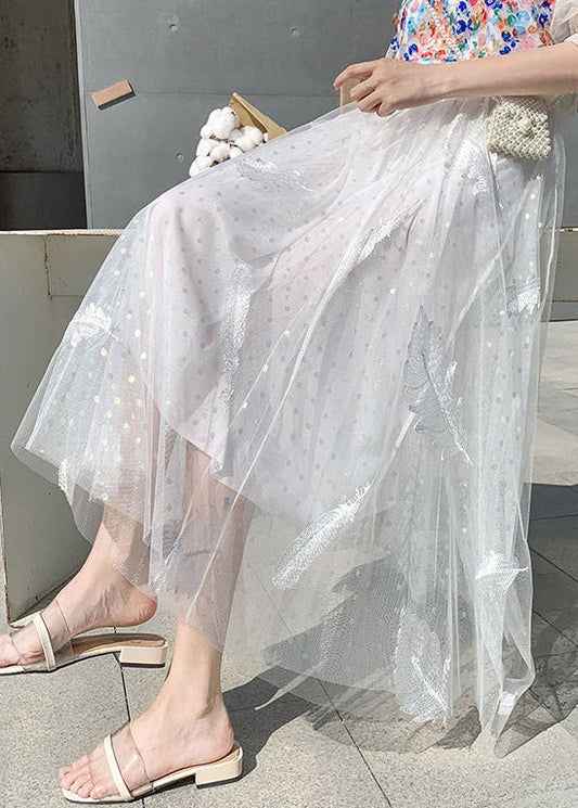 White Feathers Embroidered Elastic Waist Tulle Skirt Summer