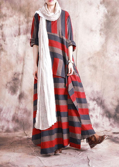 Art Asymmetric Linen Dresses Catwalk Red Striped Patchwork Dress Fall