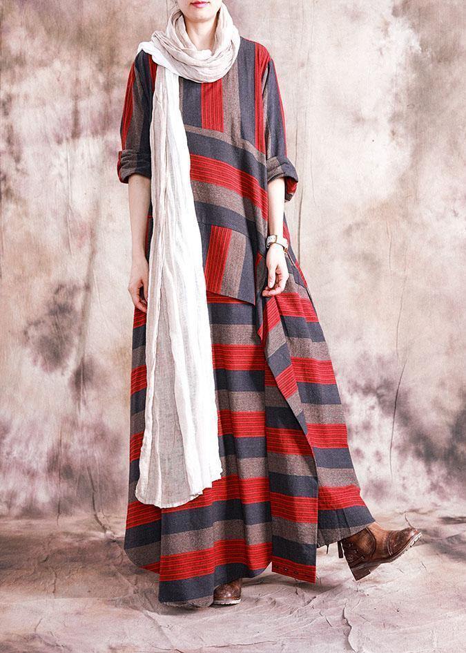 Art Asymmetric Linen Dresses Catwalk Red Striped Patchwork Dress Fall
