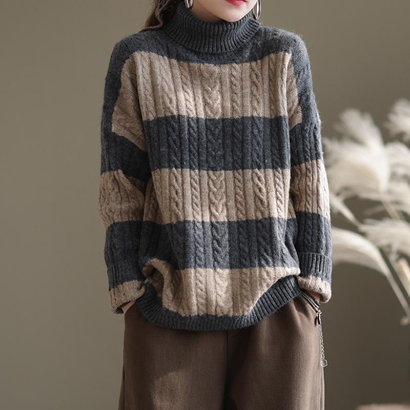 Winter Thick Stripe Turtleneck Loose Retro Sweater