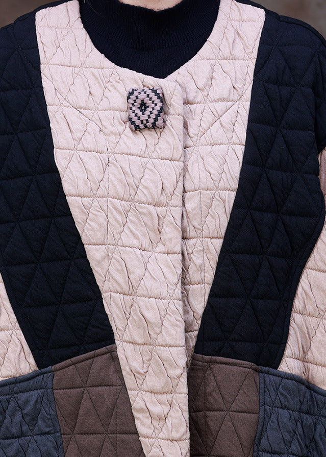 Style Apricot Black Colour Patchwork O-neck Cotton Thick Long Coat Long Sleeve