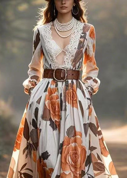 Style V Neck Patchwork Lace Print Cinched Vestidos Dress Spring