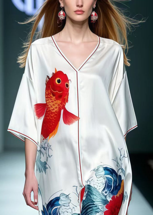 White Print Low High Design Silk Dresses Summer