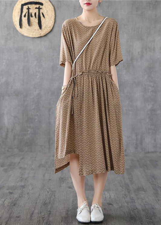 O Neck Asymmetric Cotton Linen Dresses Catwalk Khaki Print Dresses Summer