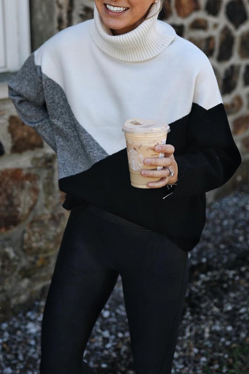Work Color Block Patchwork Turtleneck Tops