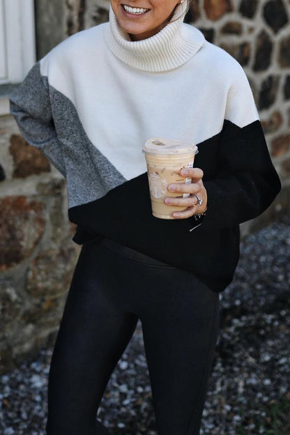 Work Color Block Patchwork Turtleneck Tops