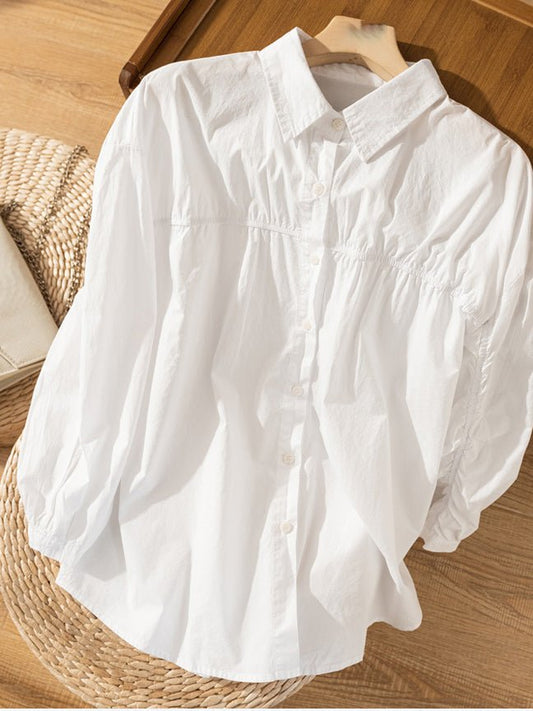 100% Natural Fabric Pleated Commuter Loose Shirt in White