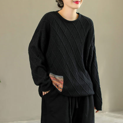 Retro Rhombus Patchwork Cotton Loose Sweater