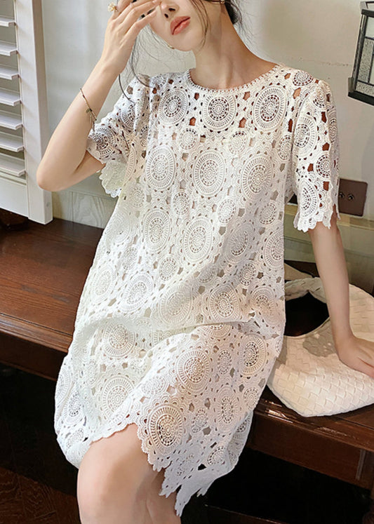 Art White O-neck Hollow Out Cotton Dresses Summer