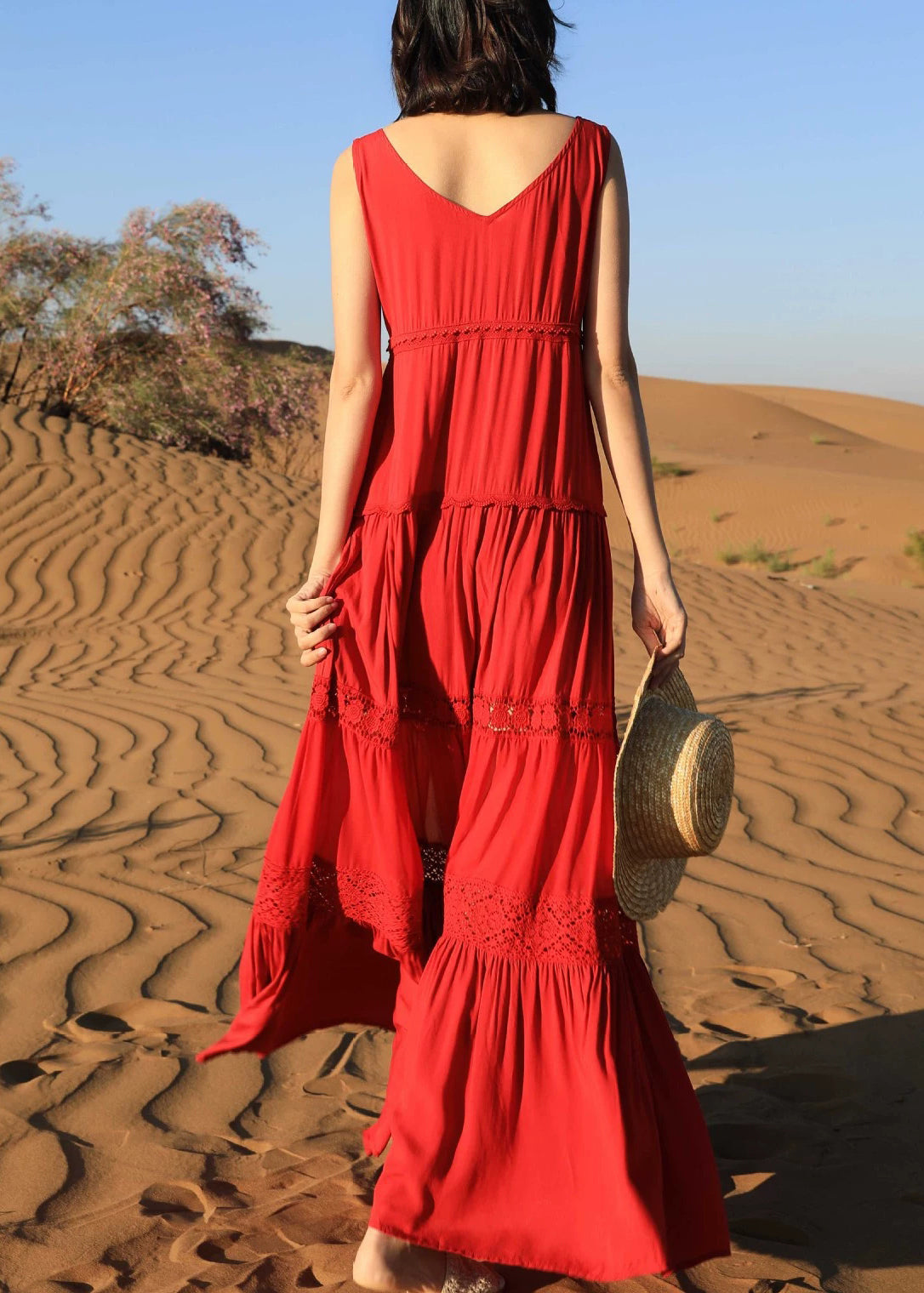 Red Hollow Out Cotton Long Dresses V Neck Summer