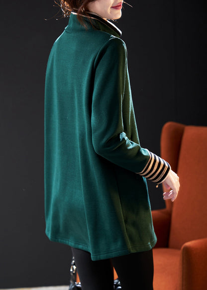 Blackish Green High Neck Patchwork Cotton Pullover Sweatshirt Spring