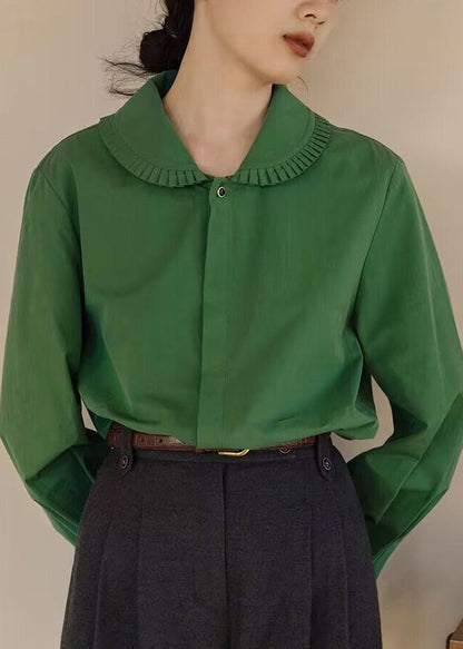 Loose Green Peter Pan Collar Button Cotton Blouses Fall