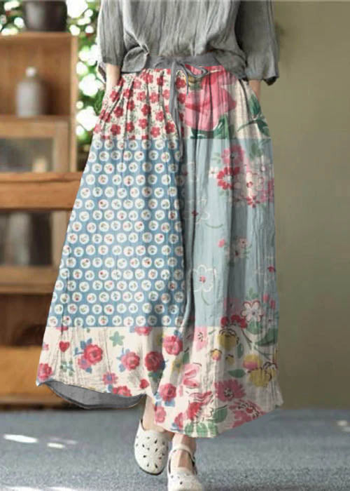Blue Flowers Pockets Wrinkled Tie Waist Linen Skirt Summer