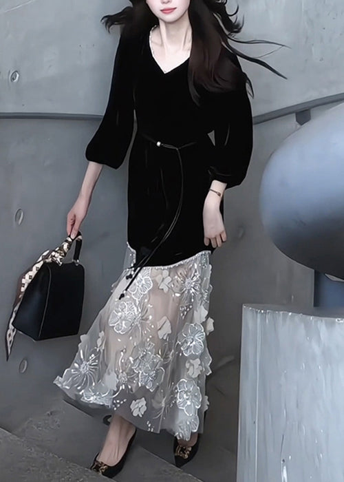 Handmade Black V Neck Tulle Patchwork Silk Velvet Long Dress Bracelet Sleeve