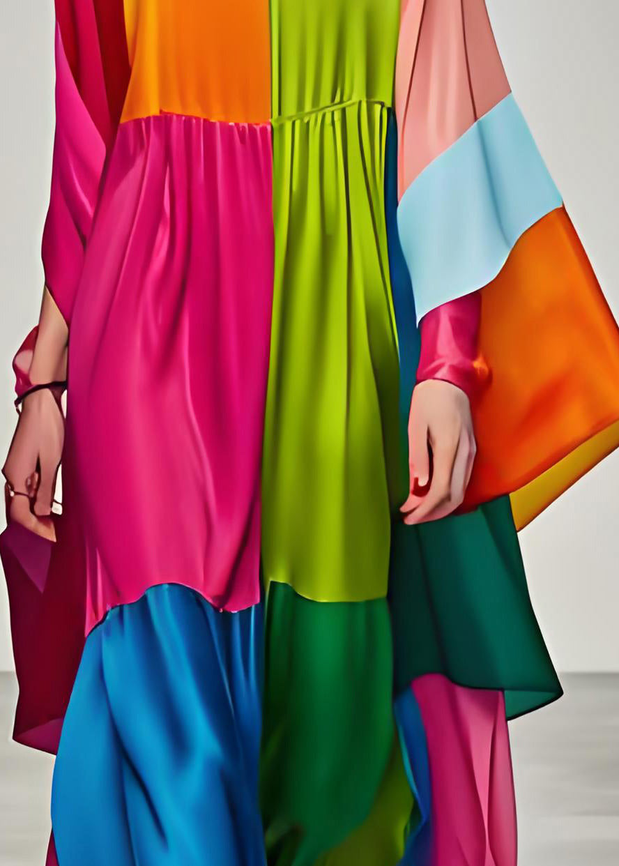 Colorblock V Neck Patchwork Silk Long Dress Summer