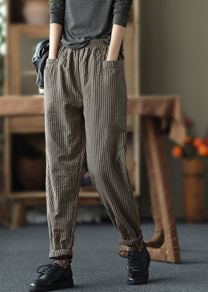 Chocolate Elastic Waist Striped Pockets Fine Cotton Filled Pants Winter