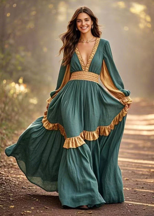 Green Ruffles Patchwork Exra Large Hem Cotton Party Dress Spring