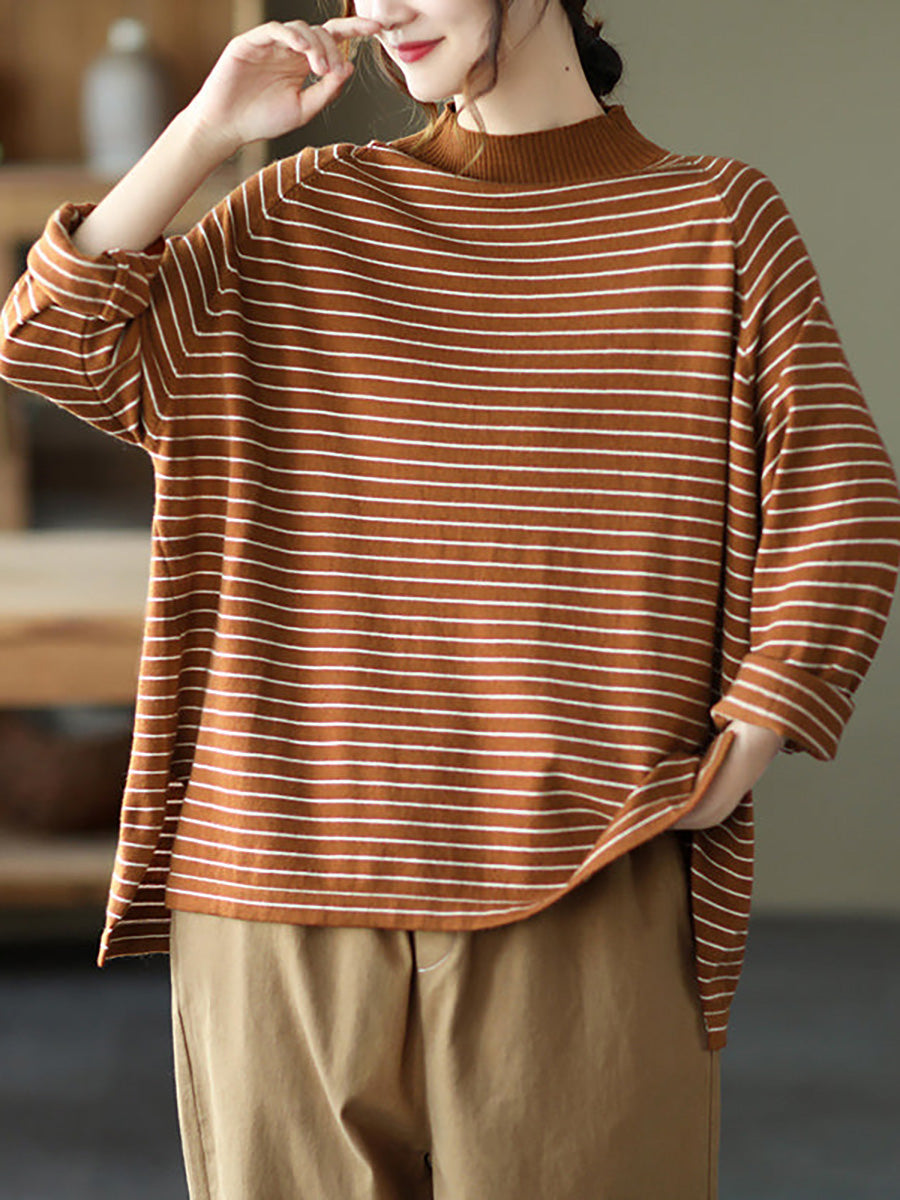 - Stripes Turtleneck Knitted Long Sleeve Sweater