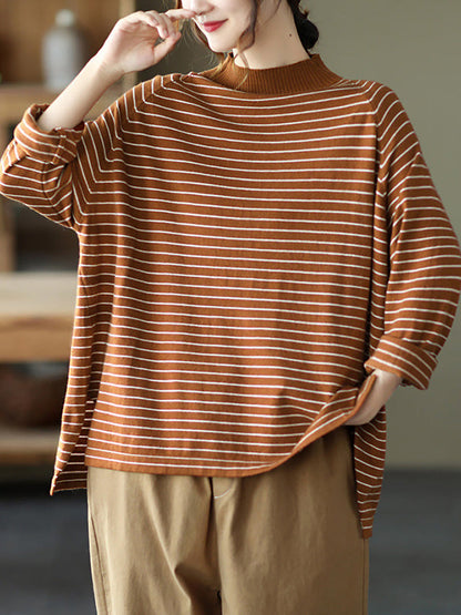 - Stripes Turtleneck Knitted Long Sleeve Sweater