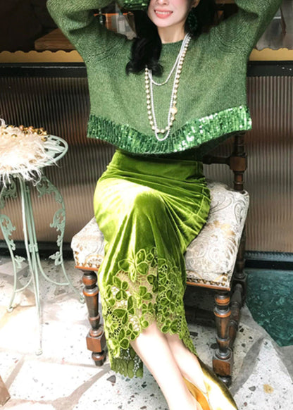 Fitted Green Knit Sweaters and Velour Skirts Two Piece Suit Set Spring
