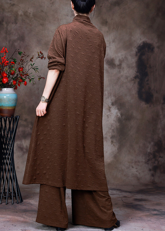 Coffee Turtleneck Low High Design Silk Top and Wide Leg Pants Two Piece Set Fall