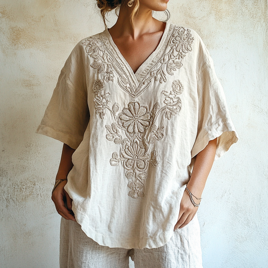 Vintage Floral Lace Art Comfy V Neck T Shirt elevenforest