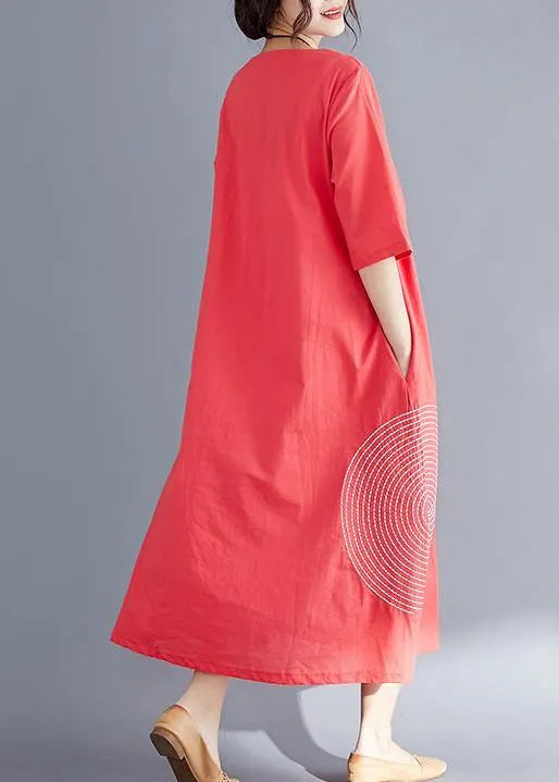 Modern O Neck Embroidery Cotton Tunic Top Work Outfits Red Maxi Dresses Summer