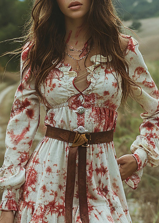V Neck Ruffled Tie Dye Pastoral Style Mini Dress Long Sleeve